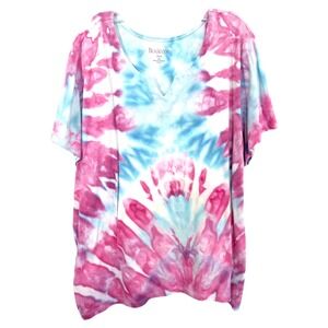 Roamans Plus Size 30W‎ 32W Top 3X Handmade Tie Dye Purple Blue Short Sleeve 847
